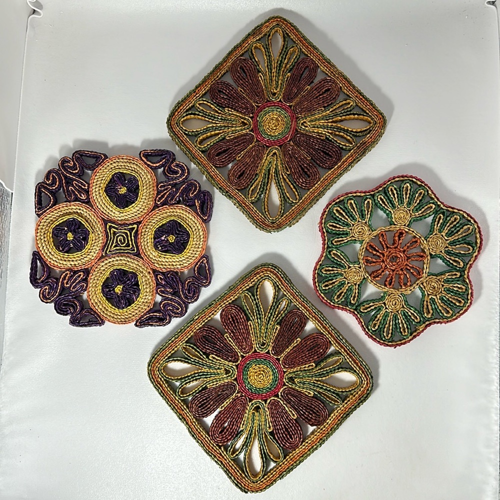 Vintage Boho Woven Wicker Rattan Trivets - Set of 4